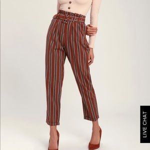 Lulu’s High Priority Brick Red Striped Belted Pant